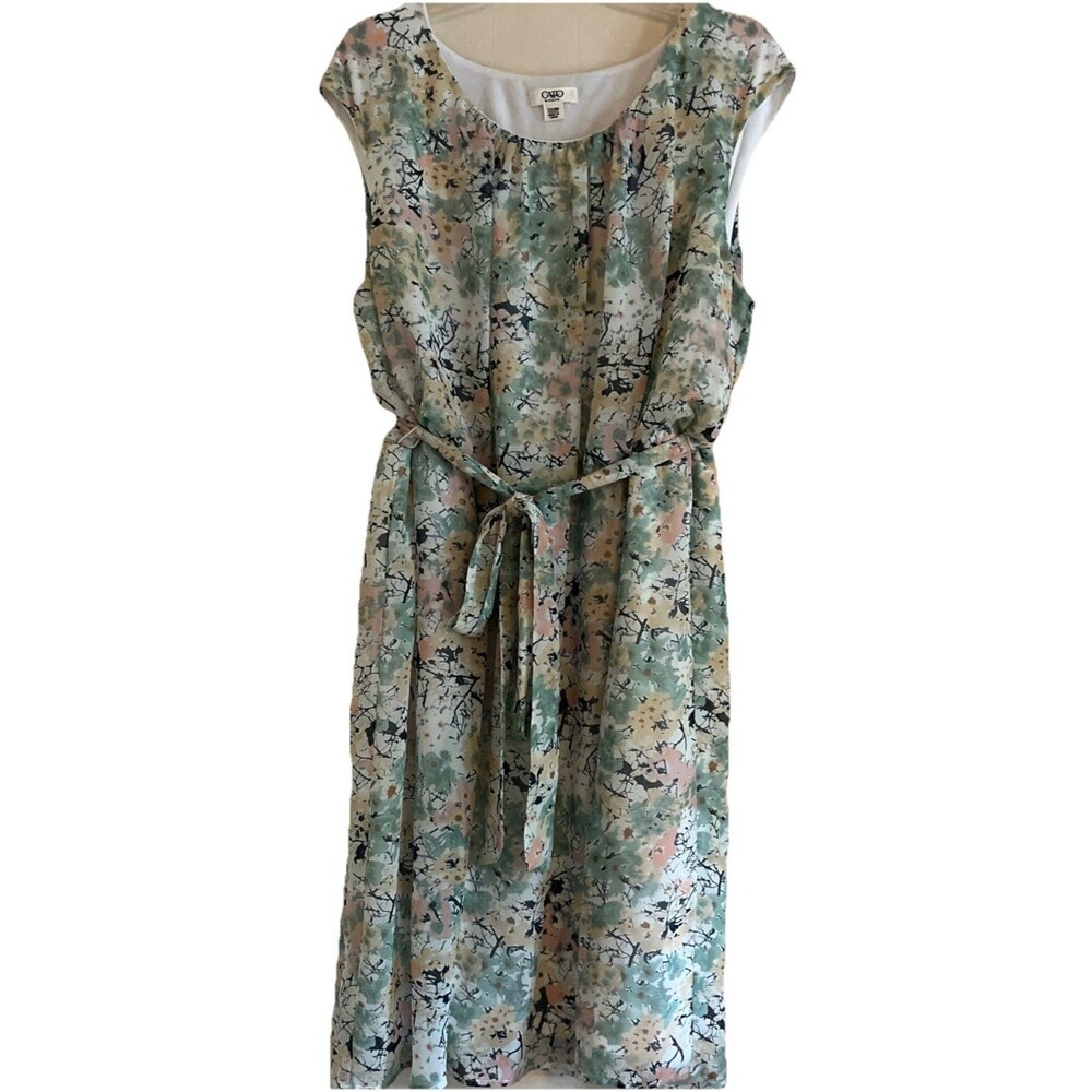 Cato Woman 22/24W Dress Green Peach Floral Tie Sleeveless Lined Chiffon Wedding